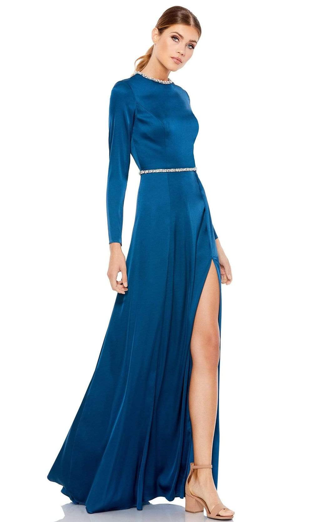 Image of Ieena Duggal - 26524 Crystal Trim Long Sleeve High Slit A-Line Gown