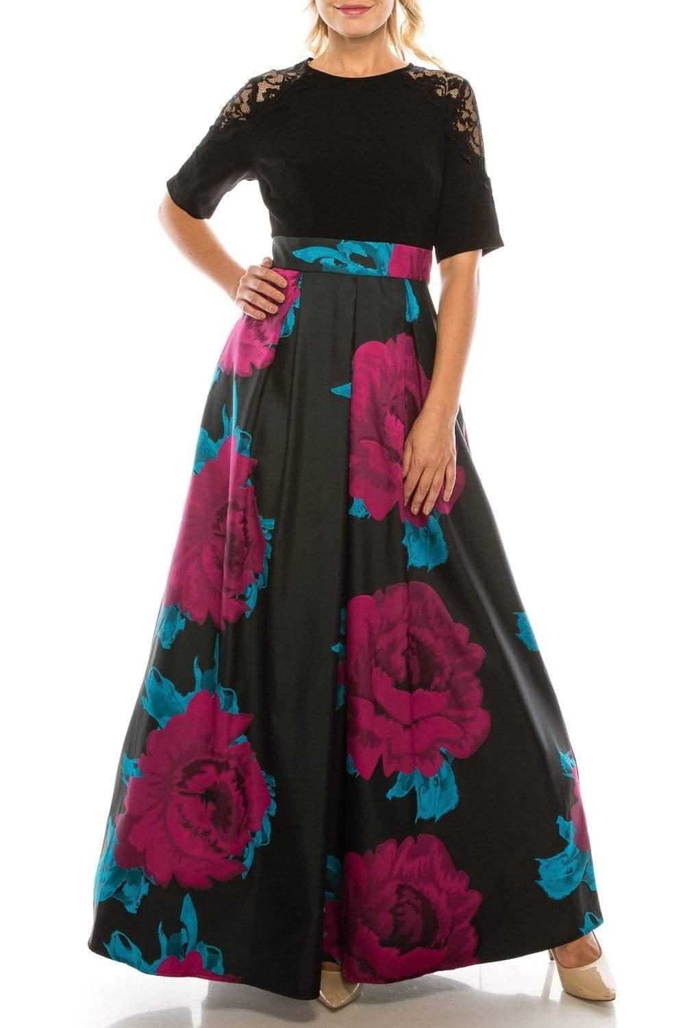Image of Ignite Evenings - IG3874 Lace Jewel Neck Floral Print A-line Gown
