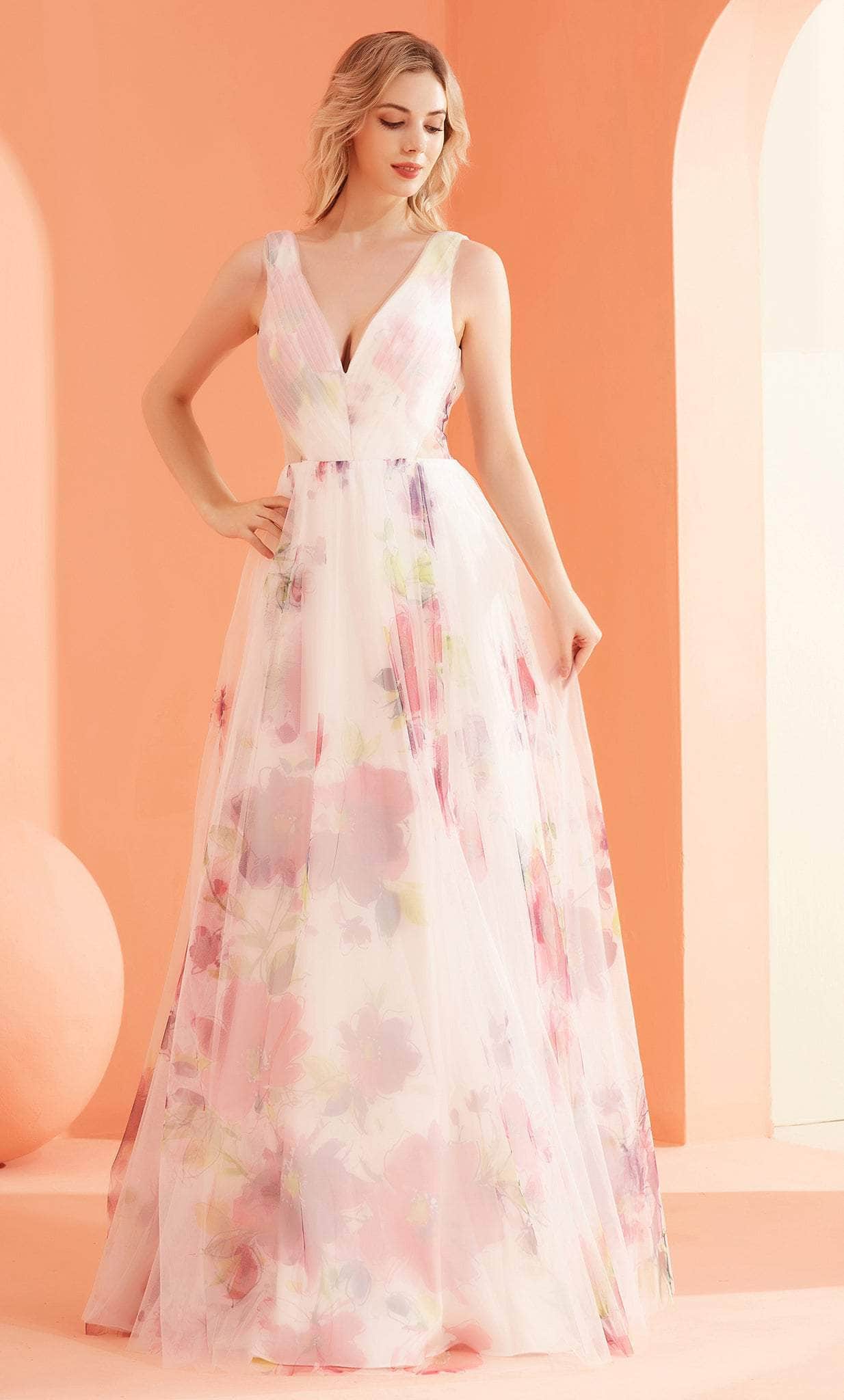 Image of J'Adore Dresses J22010 - Floral Printed V Neck Flowy Dress