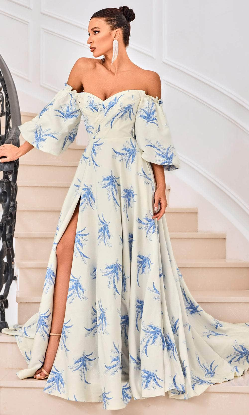 Image of J'Adore Dresses J24053 - Bell Sleeve Printed Evening Gown