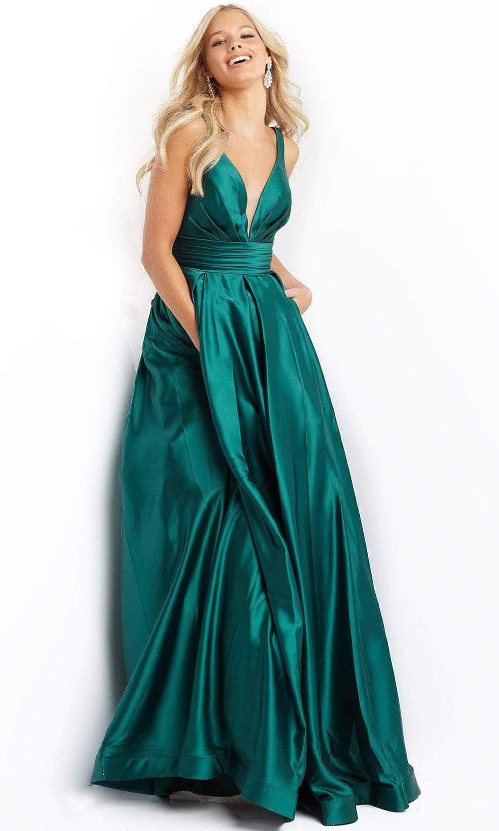 Image of JVN by Jovani - JVN08419 Plunging Satin A-Line Gown