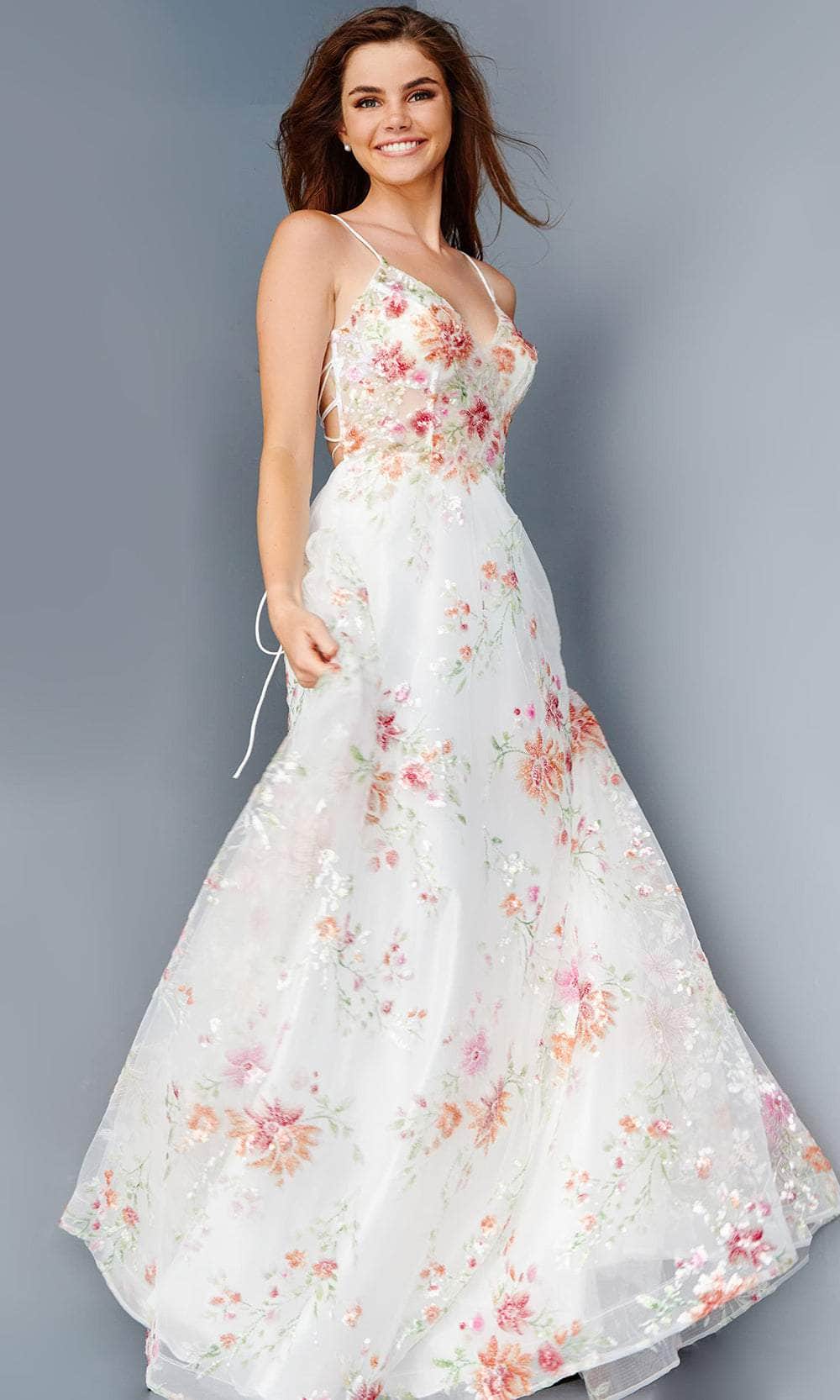 Image of JVN by Jovani JVN23212 - Lace-Up Back Floral Prom Gown