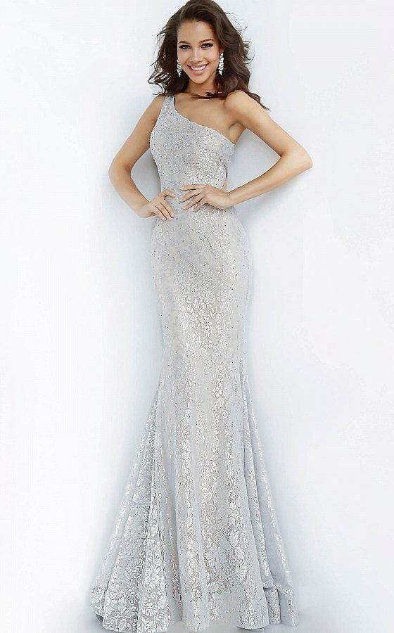 Image of Jovani - 00353 One Shoulder Stretch Metallic Lace Trumpet Dress