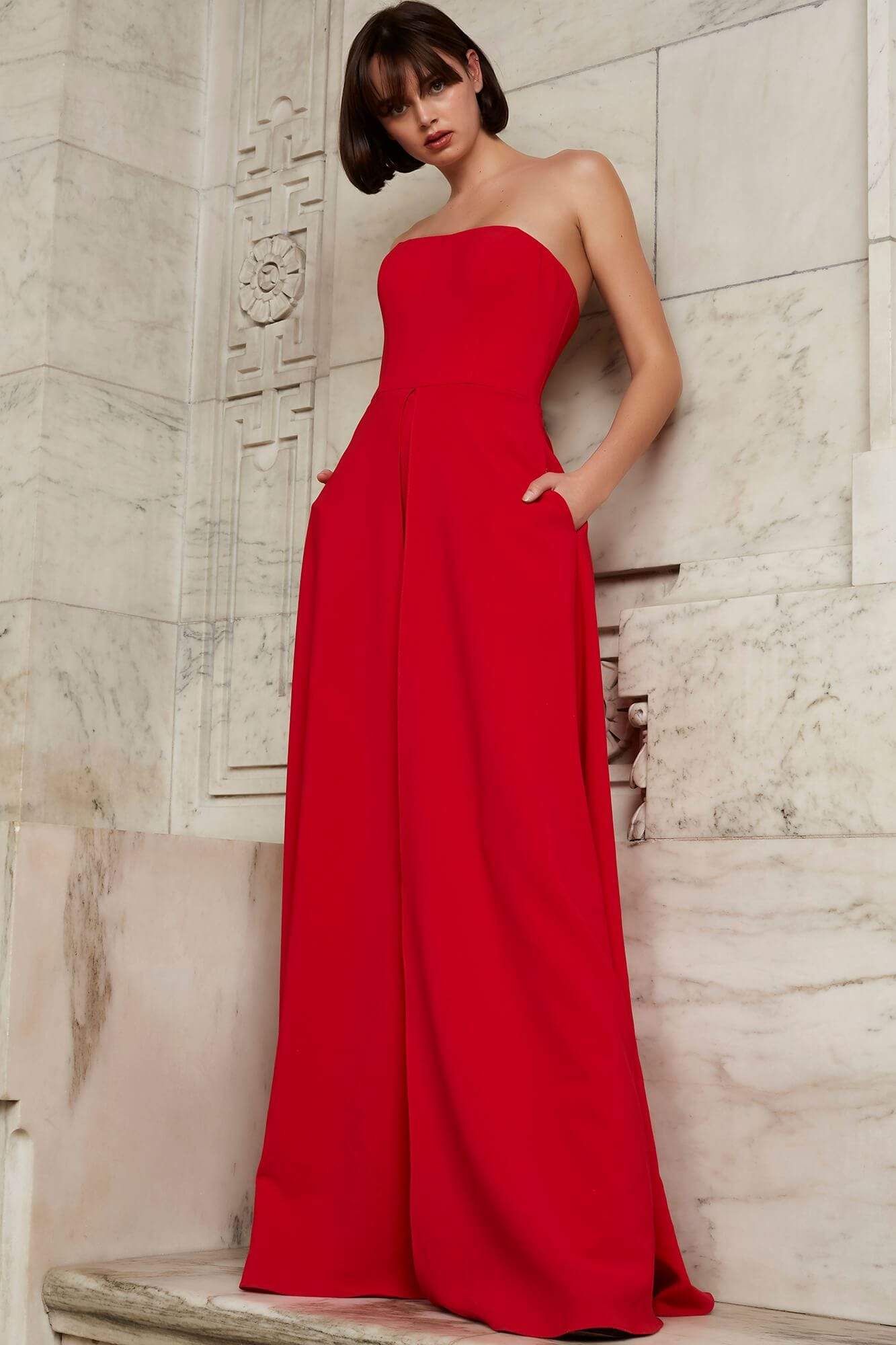 Image of Jovani - 03529 Strapless Wide Leg Formal Evening Jumpsuit With Overlay