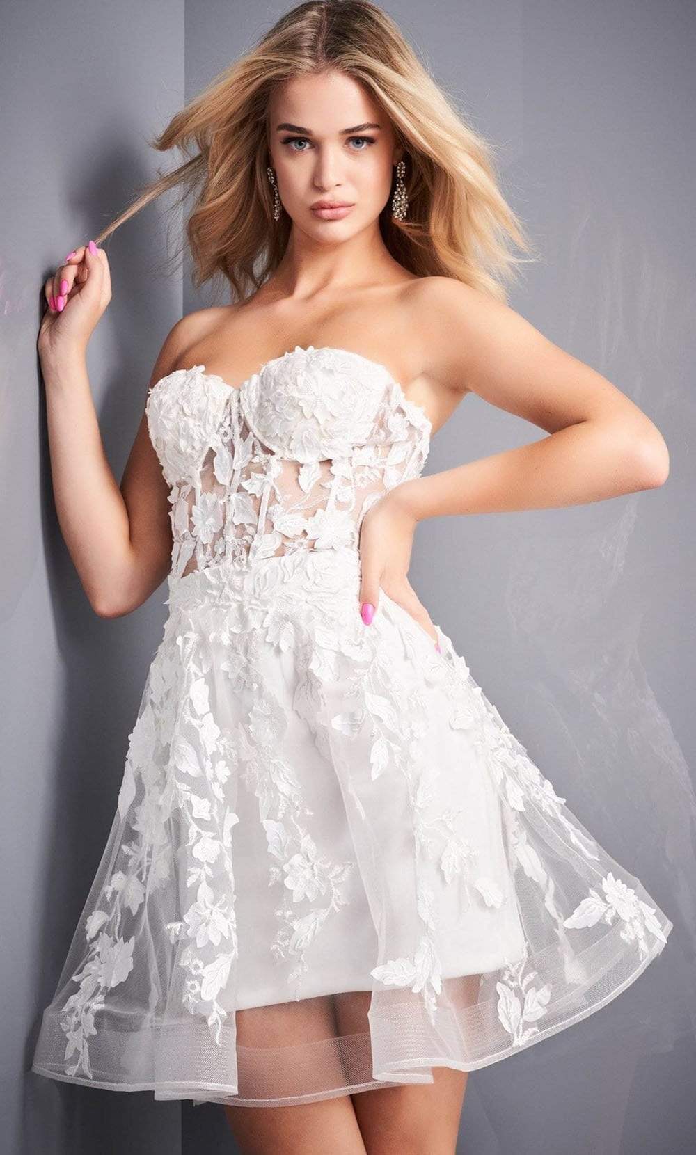 Image of Jovani - 04109 Floral Appliques Illusion Corset Fit And Flare Dress