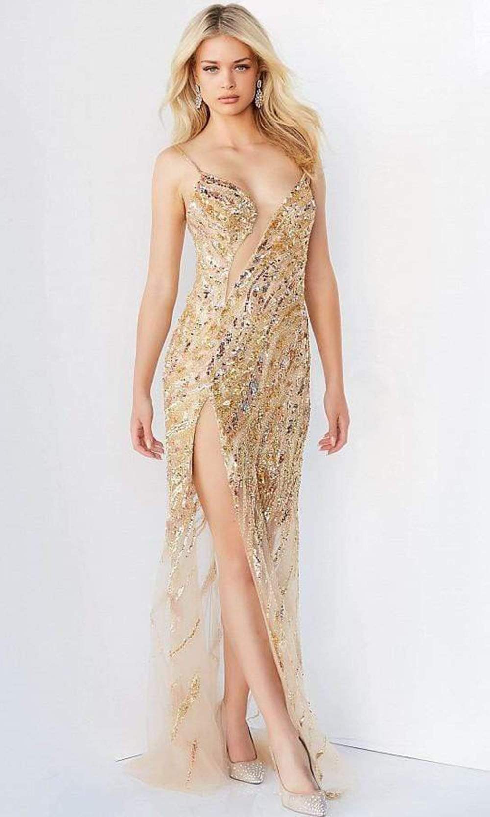 Image of Jovani - 04195 Bejeweled Slit Cut Out Long Gown
