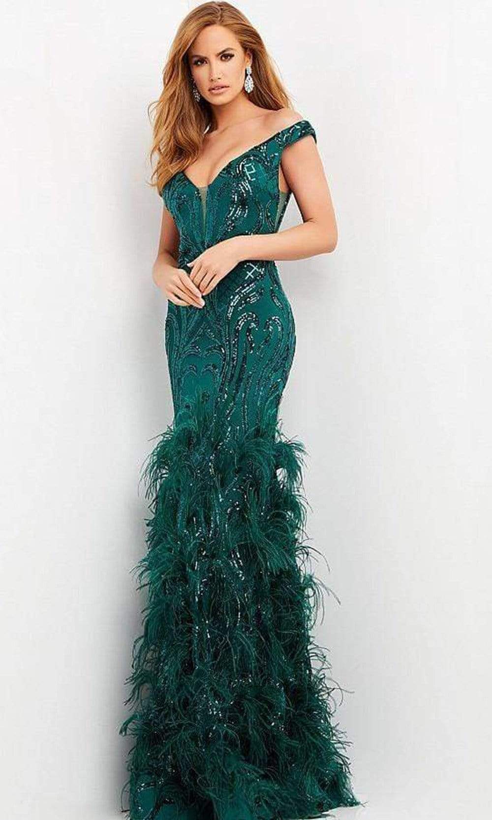 Image of Jovani - 05660 Off Shoulder Sequined and Feathered Gown