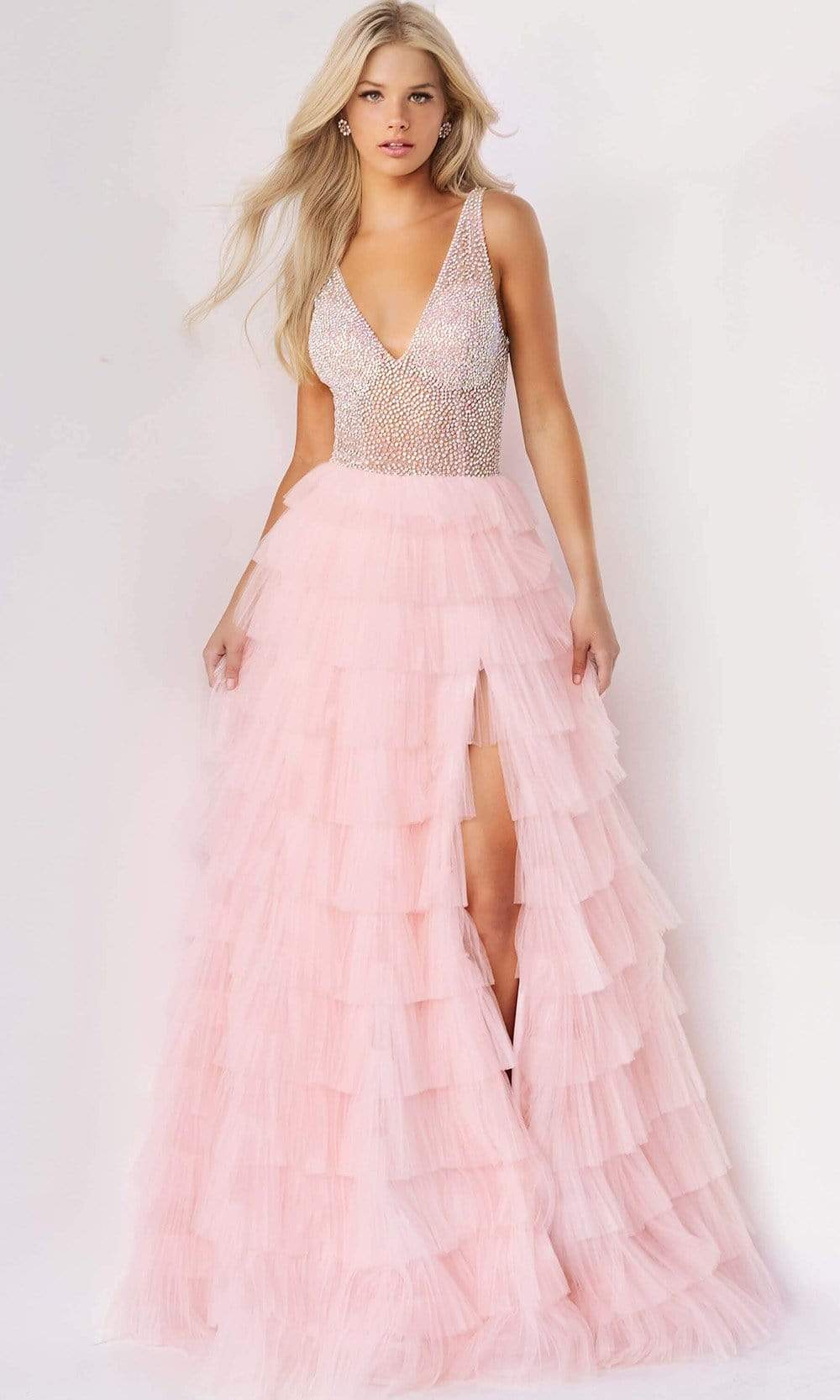 Image of Jovani - 07235 Jeweled High Slit Tulle Gown