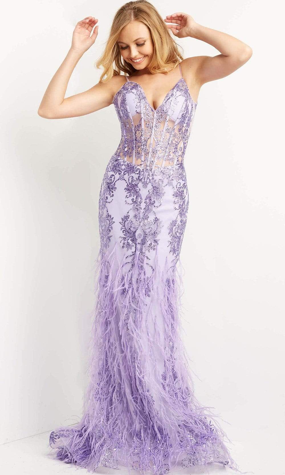 Image of Jovani - 08141 Feather Accented Corset Gown
