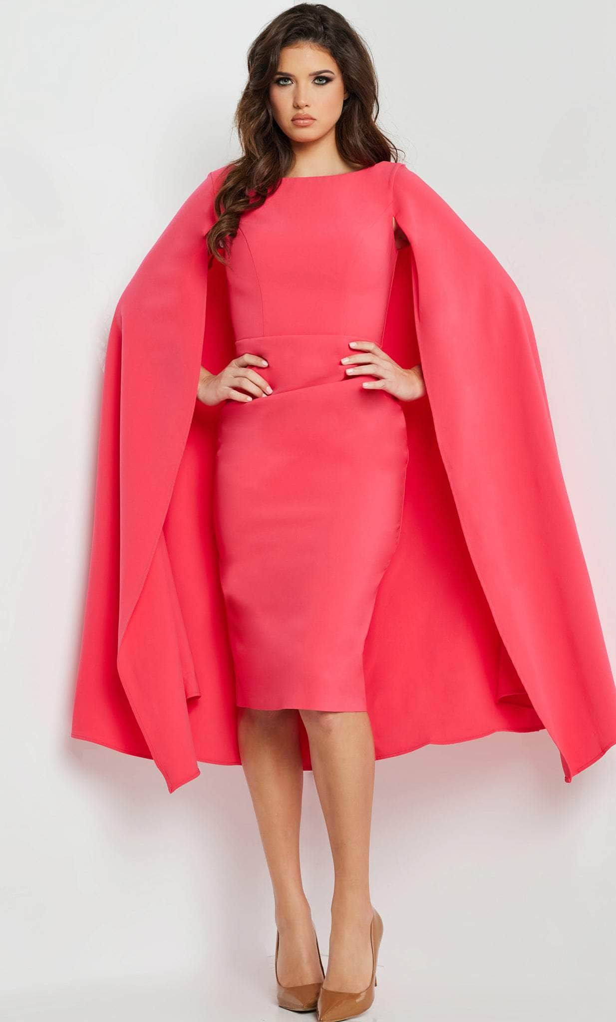 Image of Jovani 09756 - Bateau Neck Cape Cocktail Dress