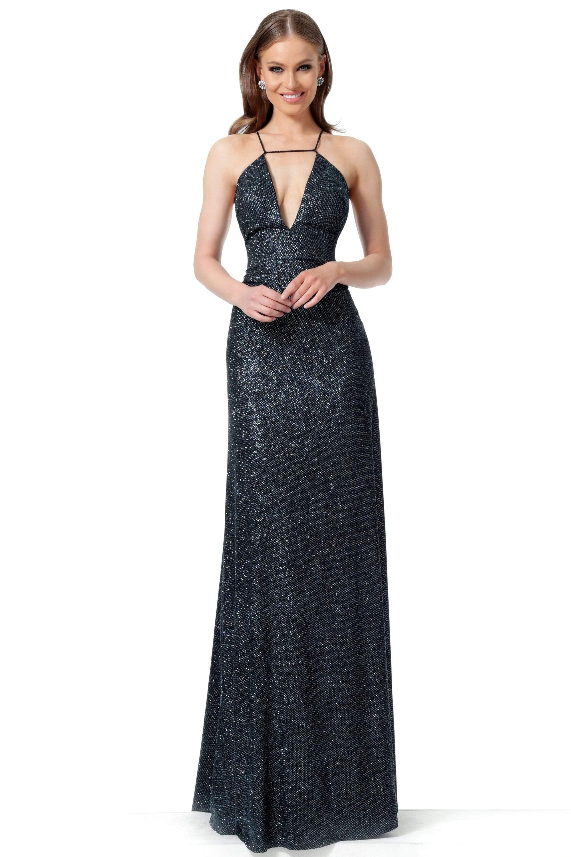 Image of Jovani - 1551 Sleeveless Deep V-Neck Sheath Dress With Train