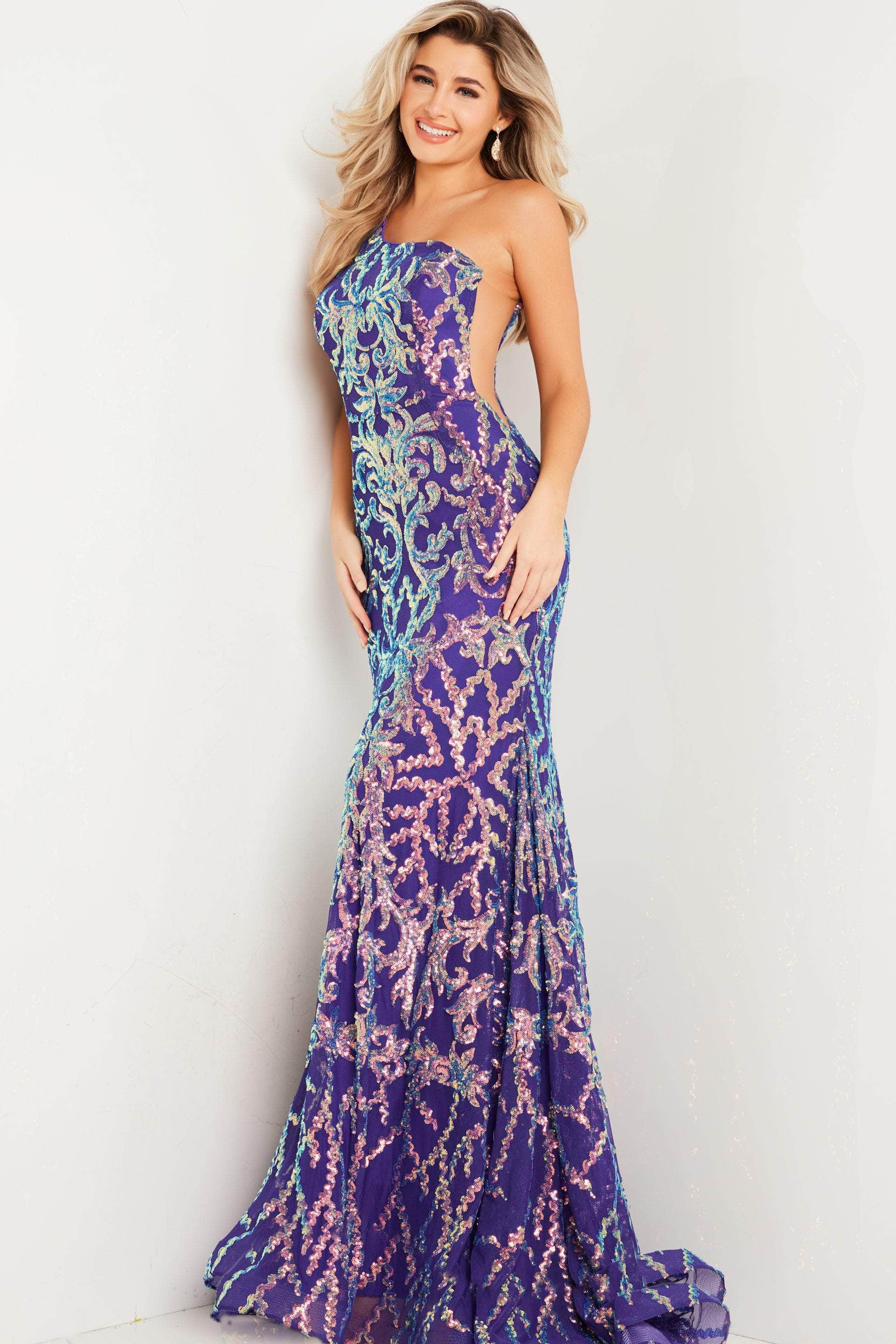 Image of Jovani 22845 - Iridescent Sequined Asymmetric Gown