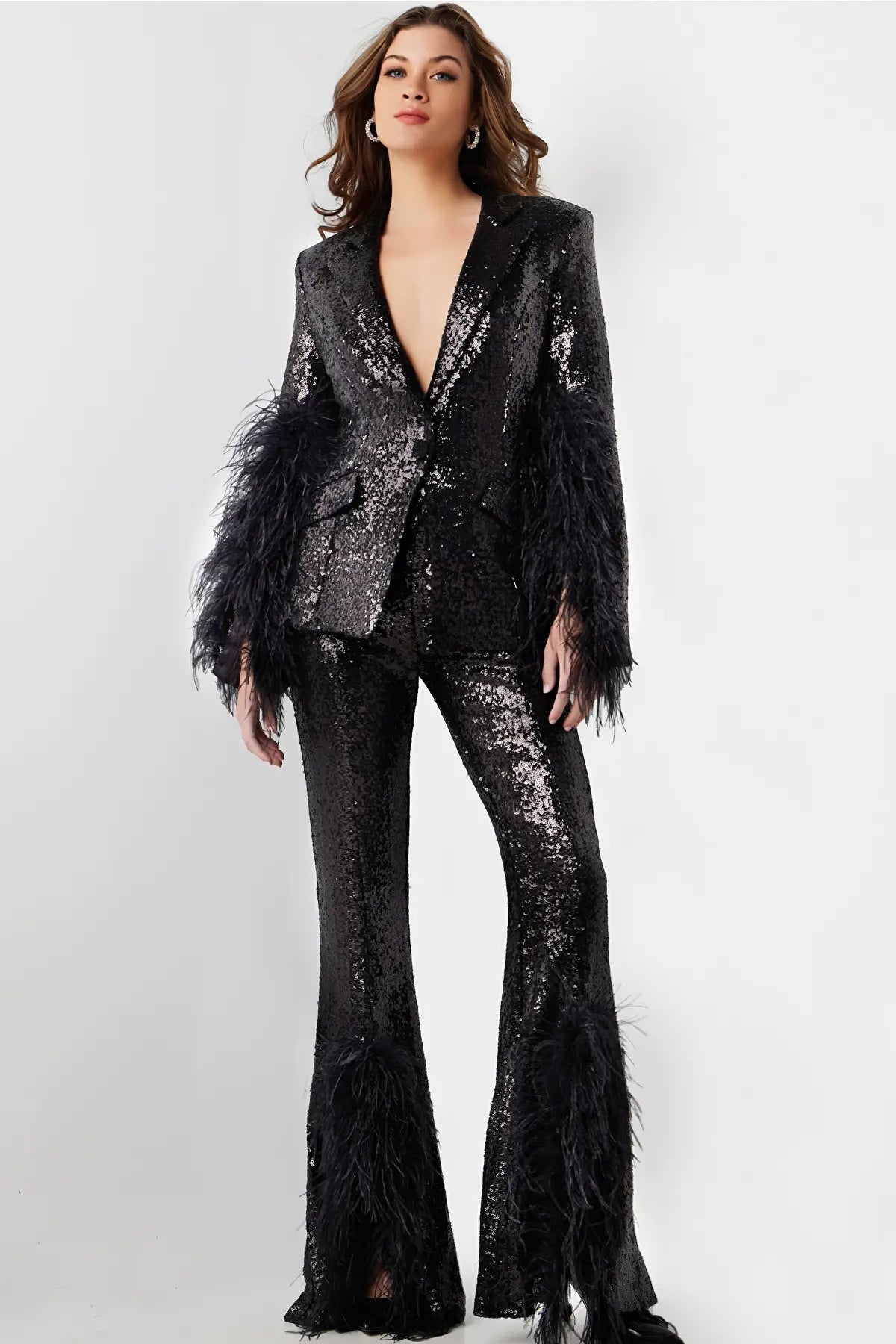 Image of Jovani 23162 - V-Neck Sequin Feathers Pant Suit