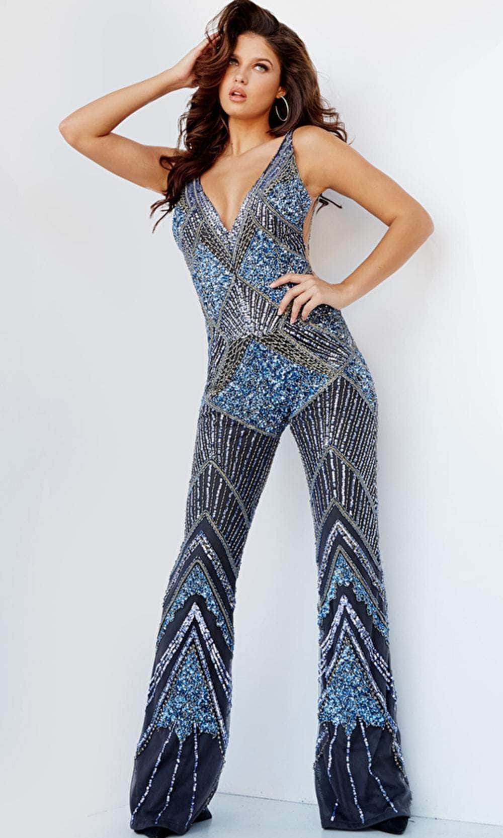 Image of Jovani 23736 - Bejeweled Plunging Jumpsuit