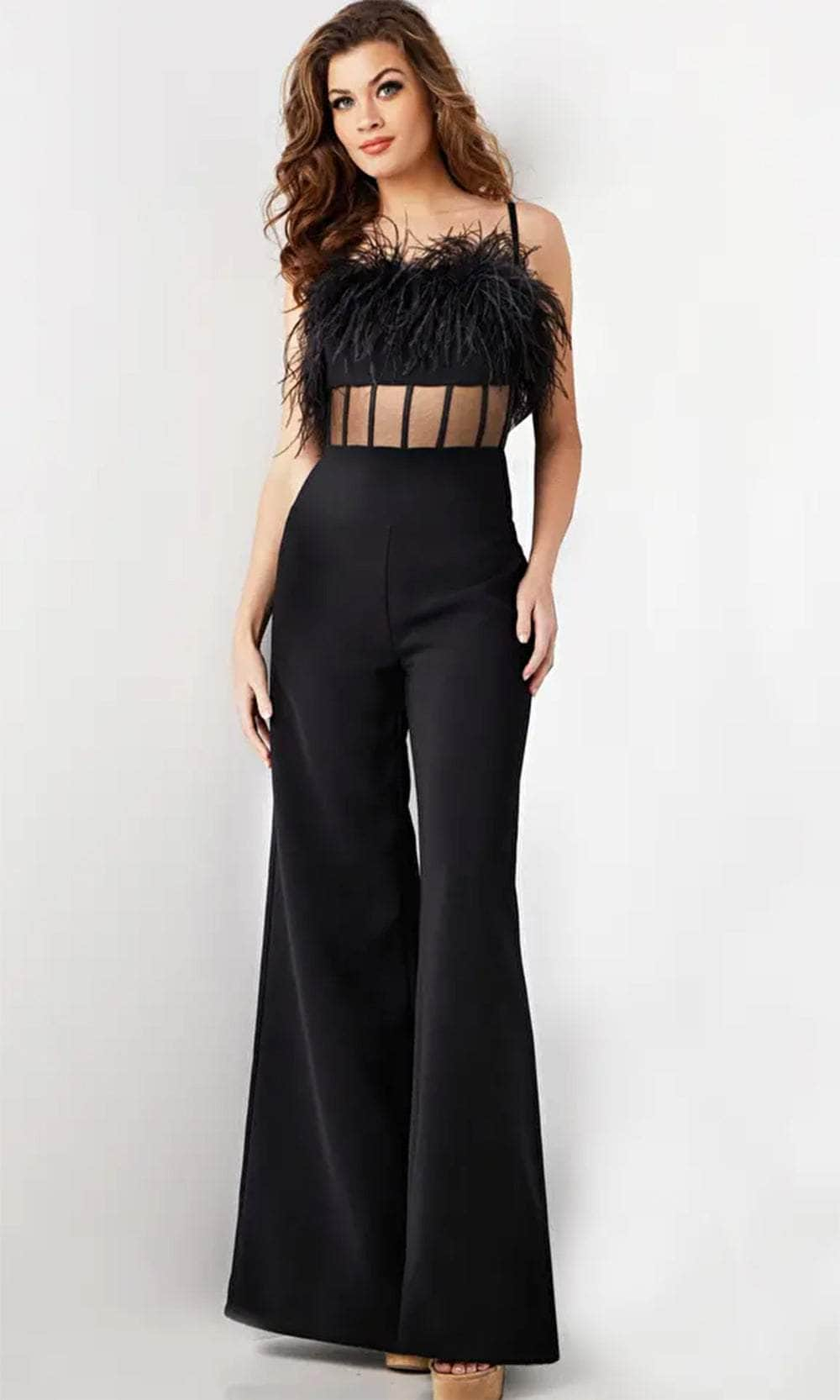 Image of Jovani 24144 - Sleeveless Feather Detailed Jumpsuit