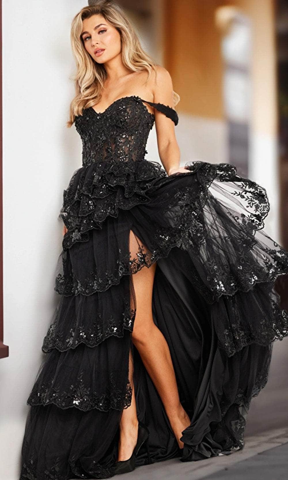 Image of Jovani 36687 - Scalloped A-Line Prom Dress with Slit