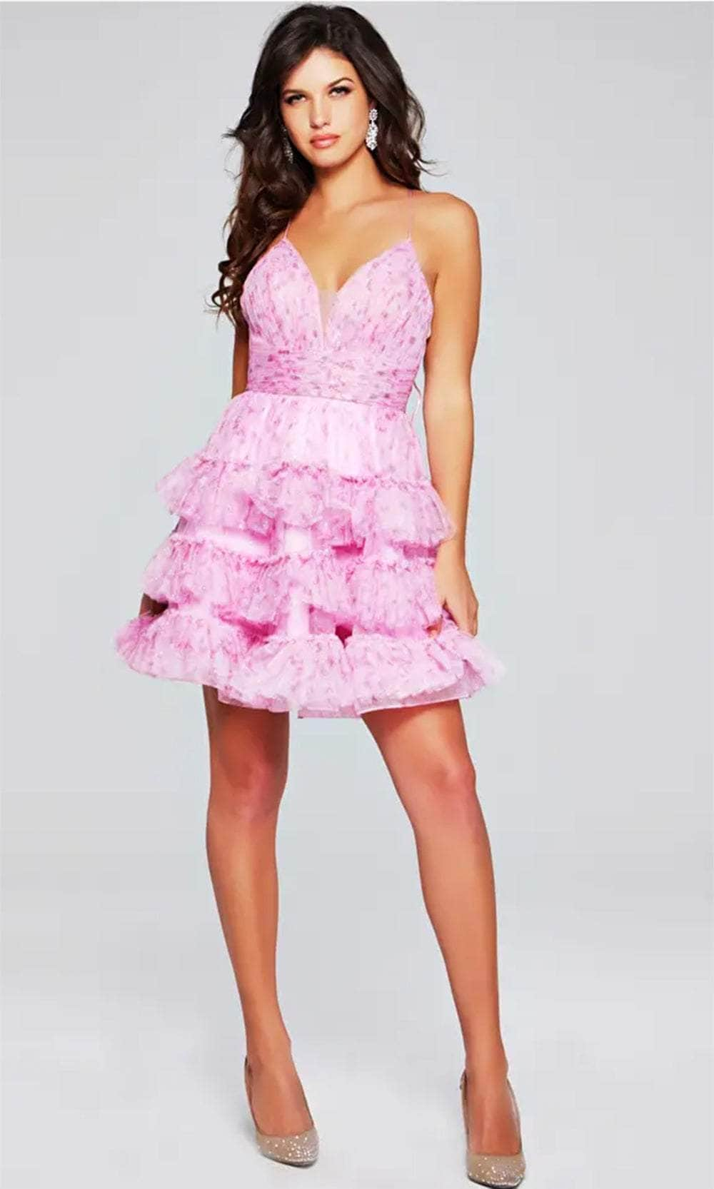 Image of Jovani 36844 - Plunging V-Neck Floral Printed Cocktail Dress