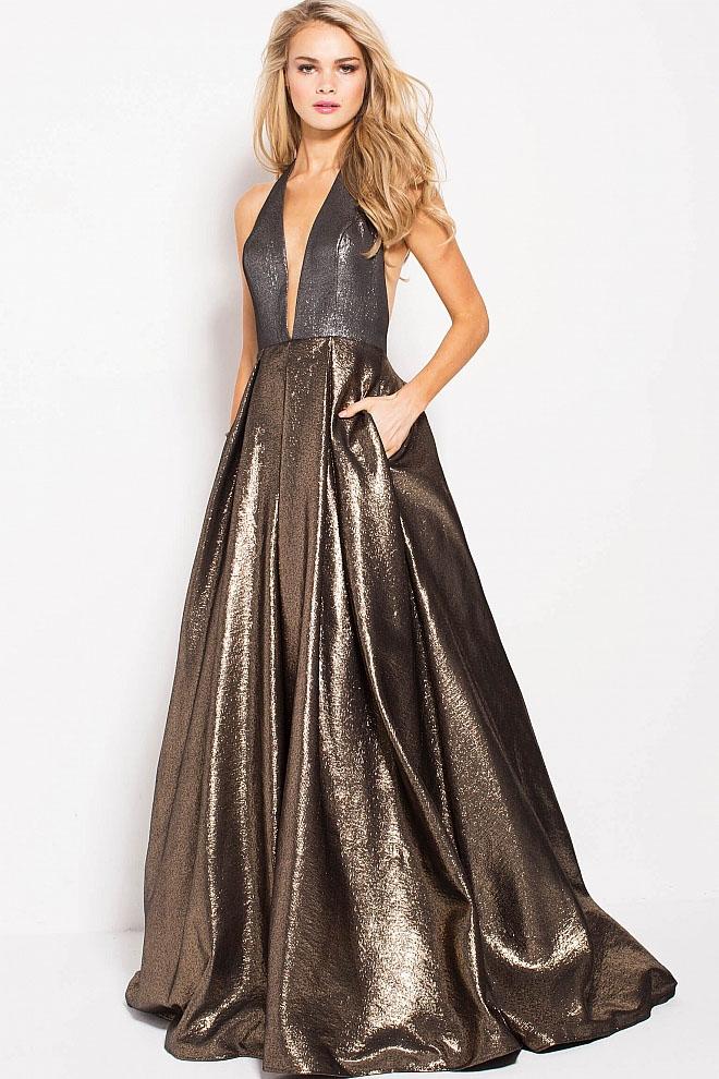 Image of Jovani - 57237 Plunging Halter Metallic A-Line Prom Gown