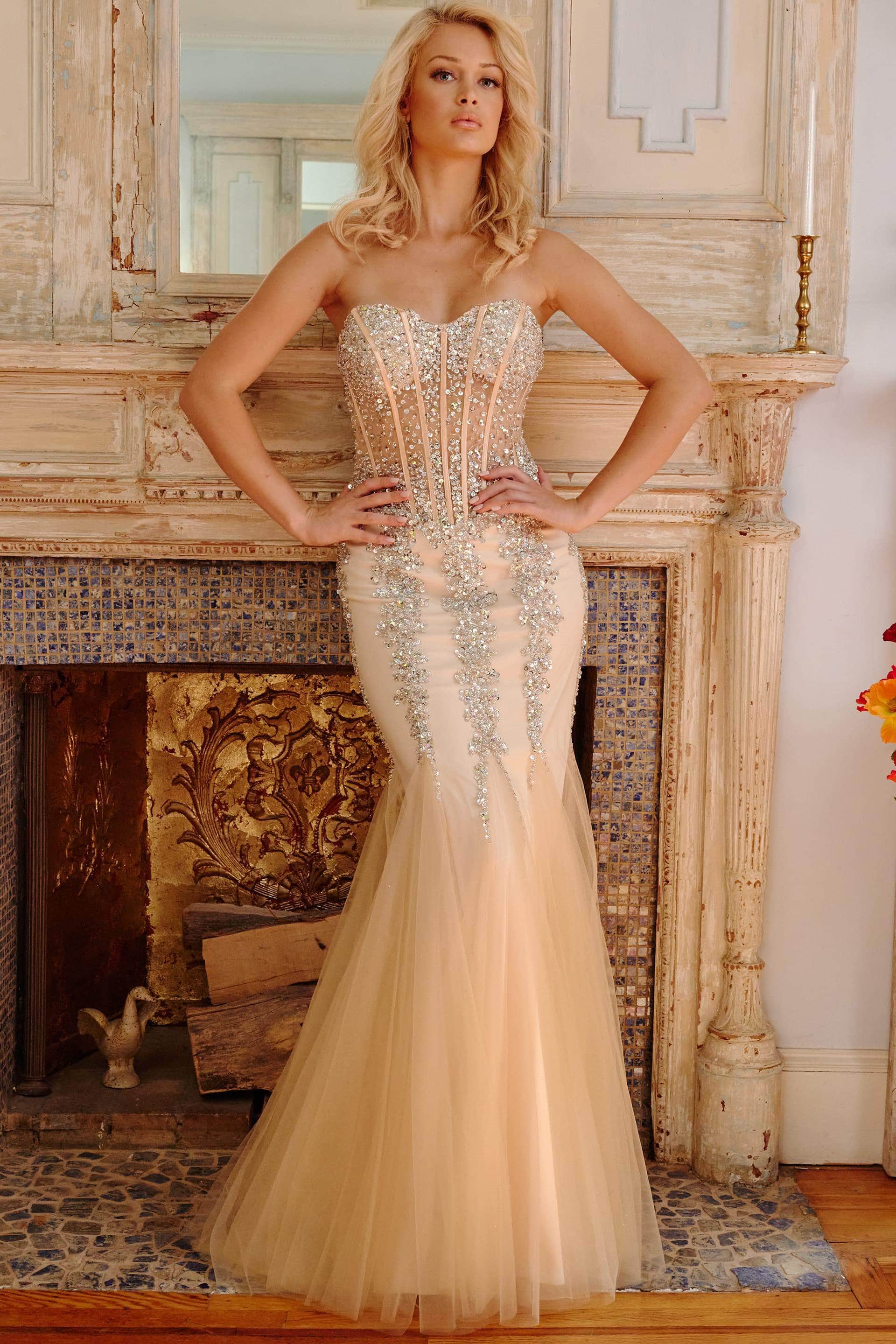 Image of Jovani 5908 Strapless Sweetheart Corset Bodice Junior Prom Mermaid Gown