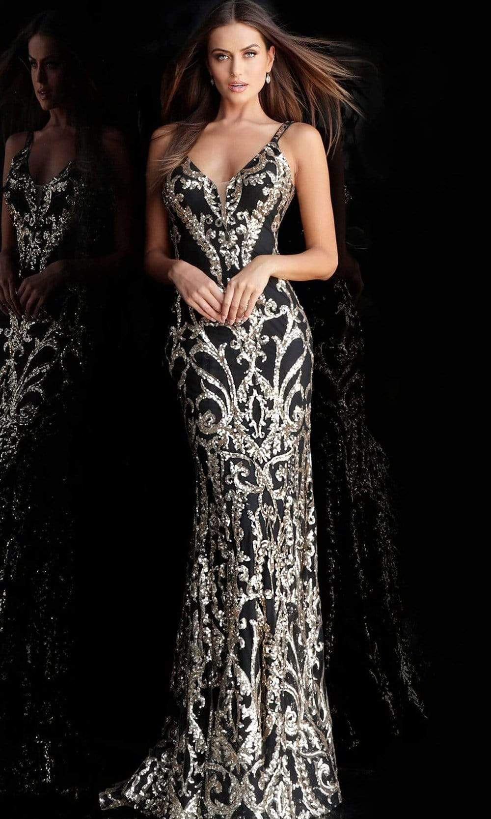 Image of Jovani - 63350 Metallic Sequined Plunging Long Gown