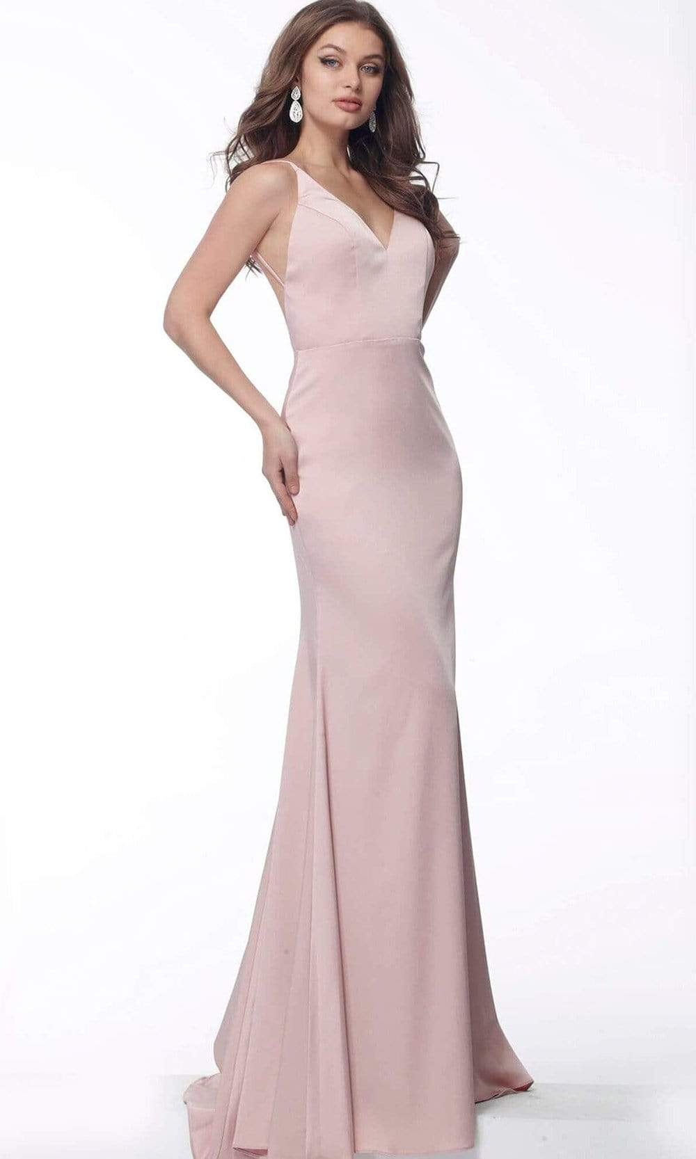 Image of Jovani - 66682 V-Neck Satin Sheath Dress