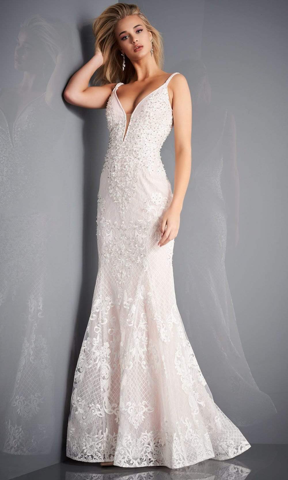 Image of Jovani - 66792 Embroidered Deep V Neck Trumpet Dress