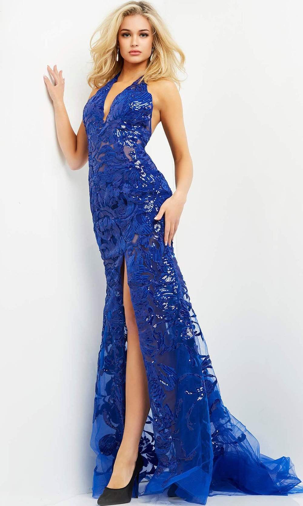 Image of Jovani - 8110 Halter V-Neck Sequin Illusion Evening Gown