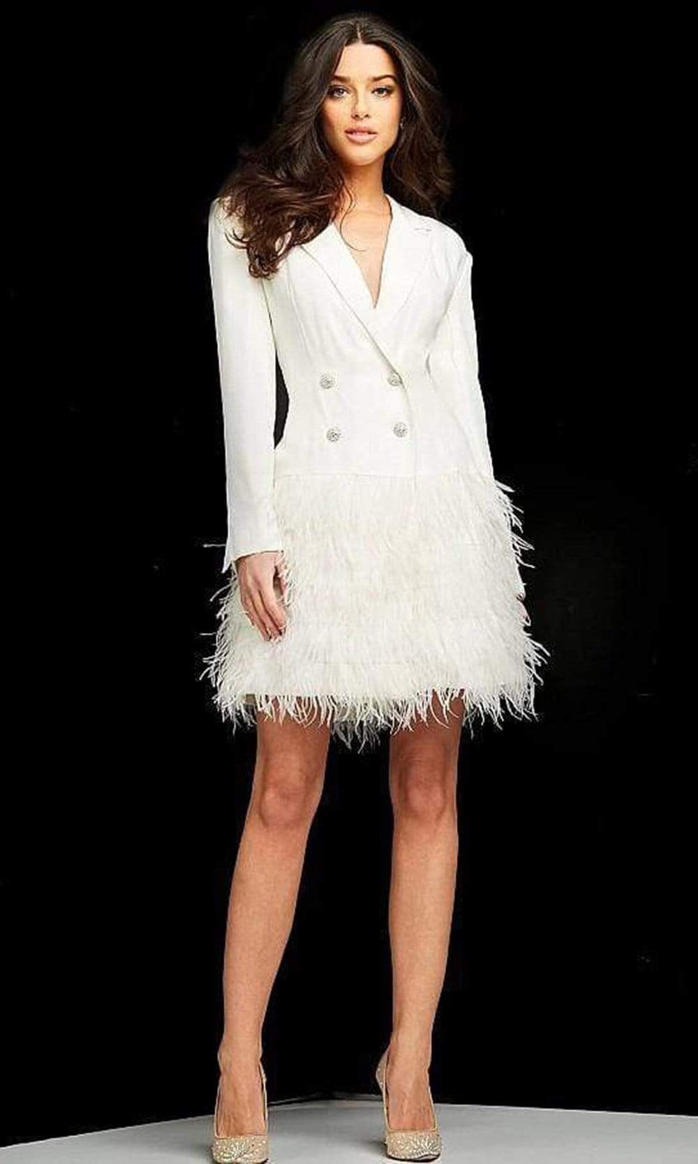 Image of Jovani - M1262 Feather Embellished Mini Suit Dress