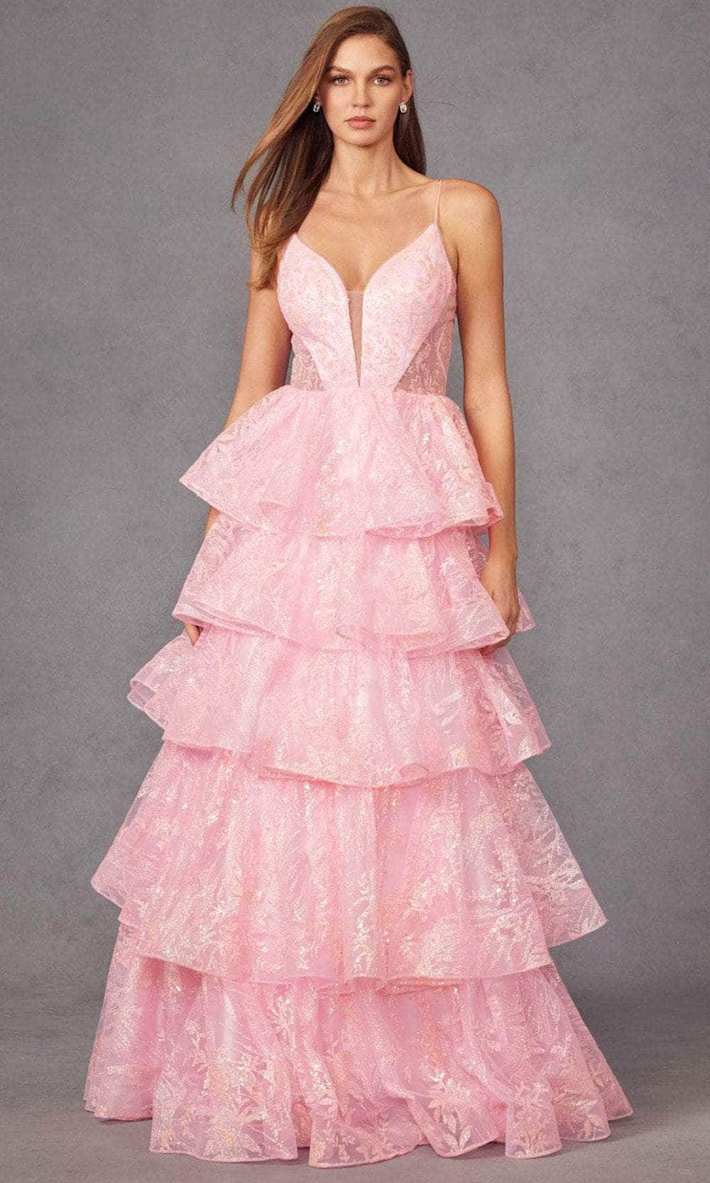 Image of Juliet Dresses JT2438K - Plunging Tiered A-Line Prom Gown