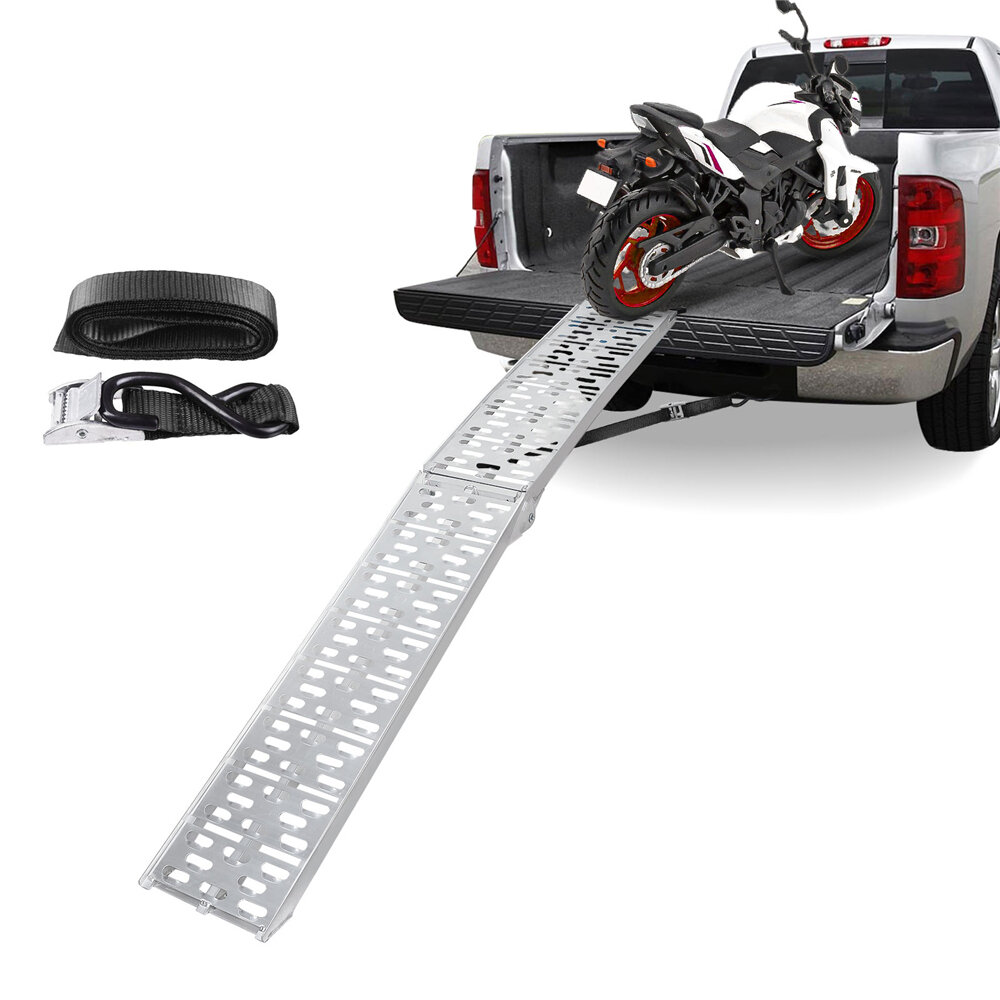 Image of KROAK 750lb Capacity Folding Aluminum Loading Ramps Ladder with Load Straps for Motorcycle Truck Golf Cart ATV Dirt Bike