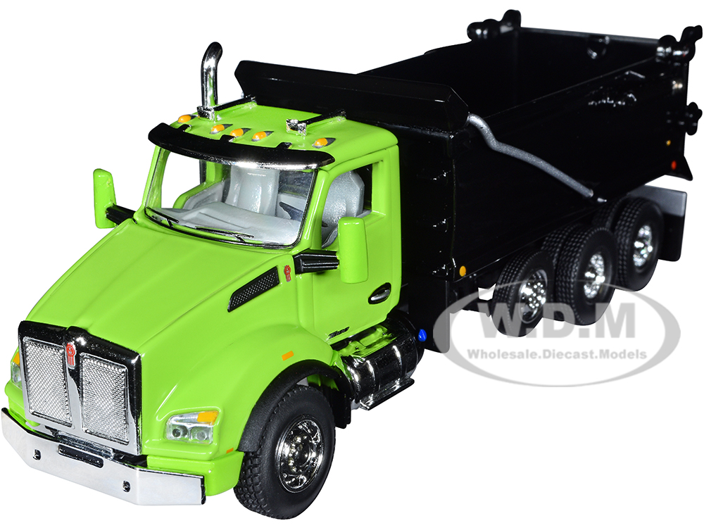 Image of Kenworth T880 Day Cab with Rogue Transfer Dump Body Truck Lime Green and Black 1/64 Diecast Model by DCP/First Gear