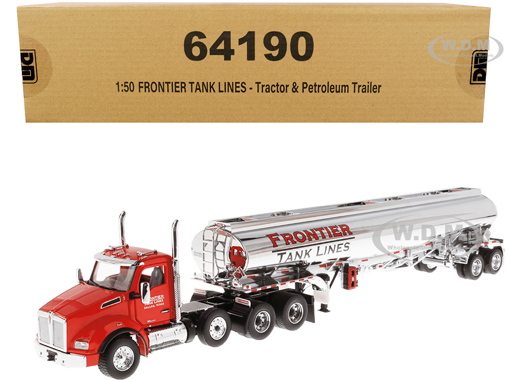 Image of Kenworth T880 SBFA Tandem Day Cab Truck with Pusher Axle and Heil FD9300/DT-C4 Petroleum Tanker Trailer "Frontier Tank Lines" Red and Chrome "Transpo