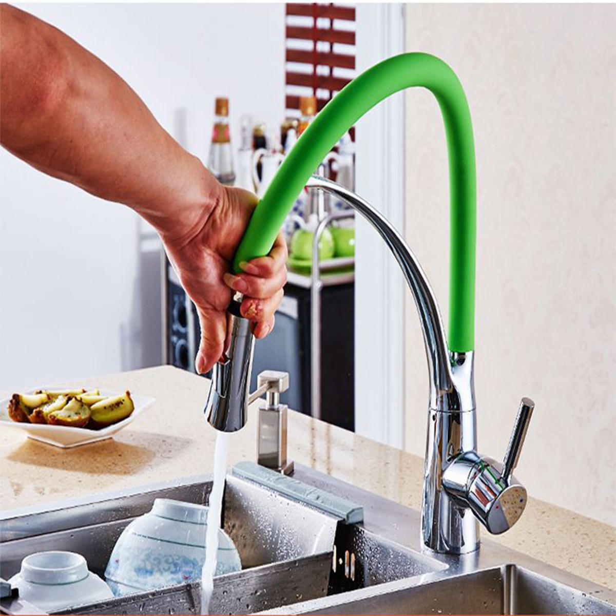 Image of Kitchen Basin Sink Faucet 360° Rotation Pull Out Sprayer Hot Cold Mixer Tap Single Handle Brass Finish Deck Mount