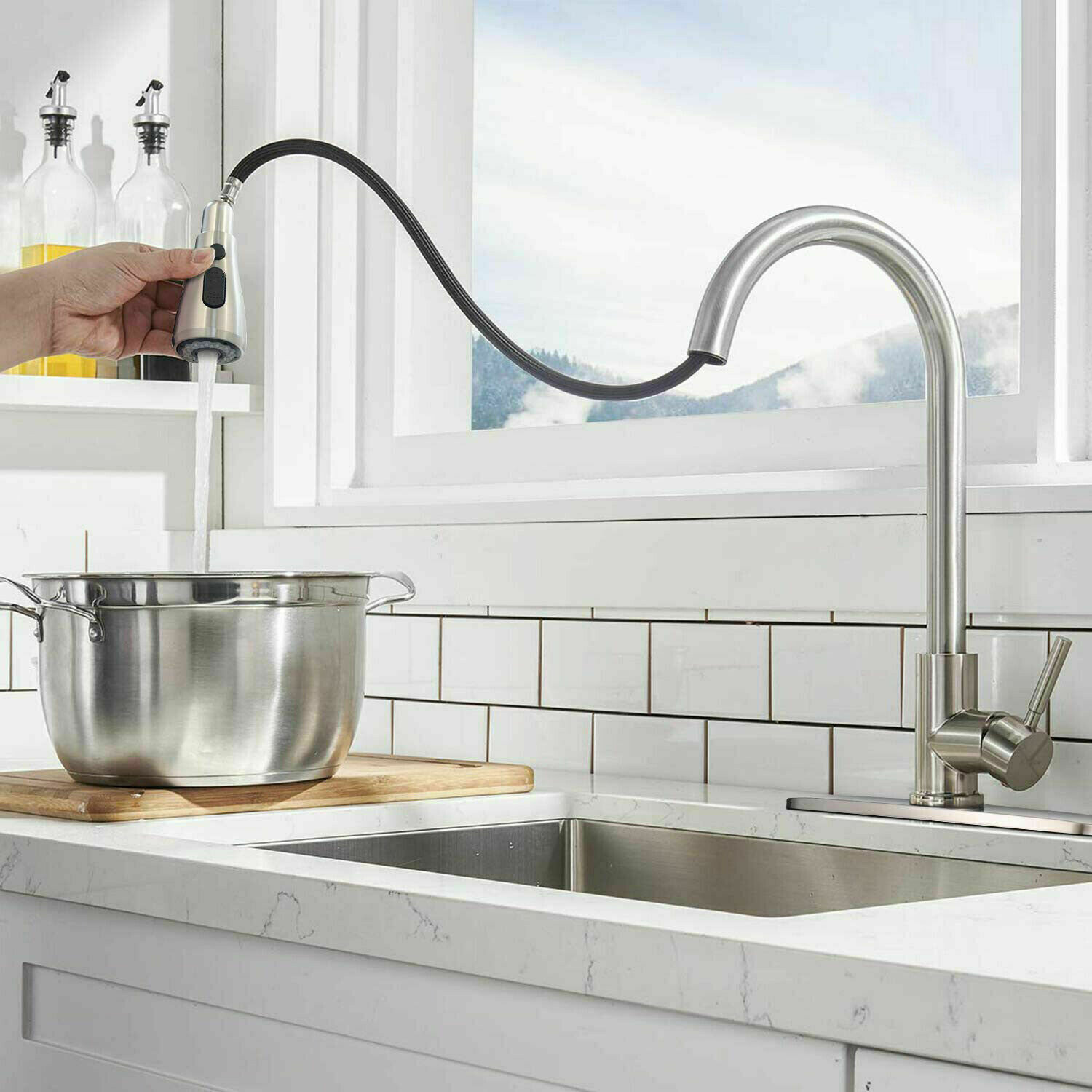 Image of Kitchen Faucet With Pull Down Sprayer Brushed Nickel High Arc Single Handle Stainless Steel Hot Cold Mixer Tap Commercia