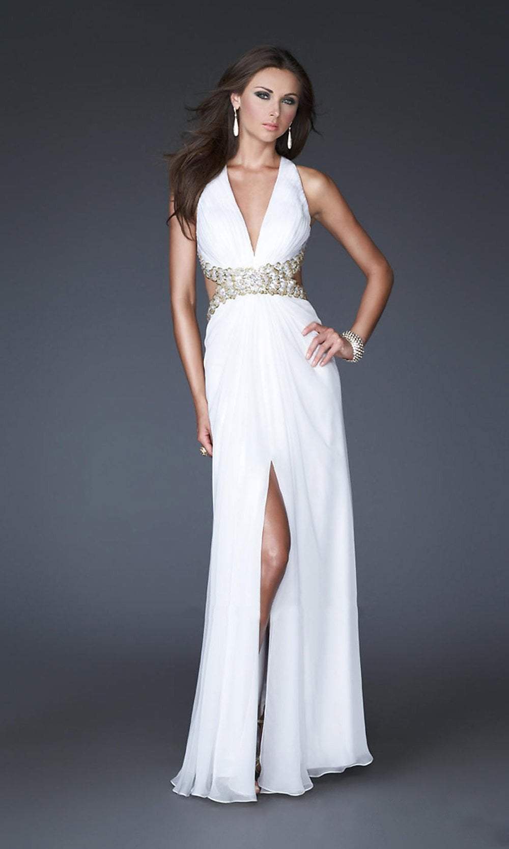 Image of La Femme - 16100 Gold Strap Crisscross Back Halter Style Evening Gown