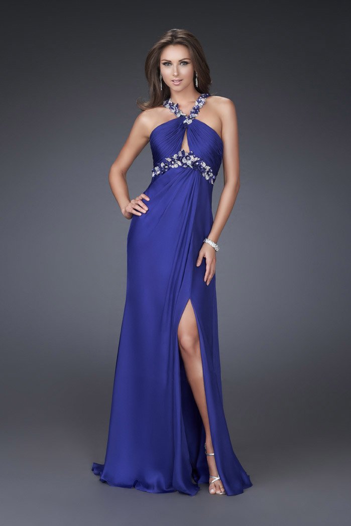 Image of La Femme - 16564 Floral Accent Halter Strapped Empire Waist Evening Gown