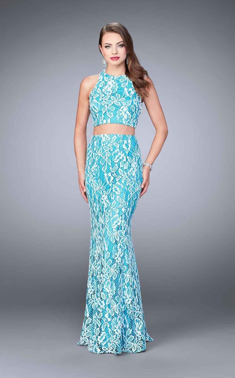 Image of La Femme - 23976 Two-Piece Contrast Lace Sheath Long Evening Gown