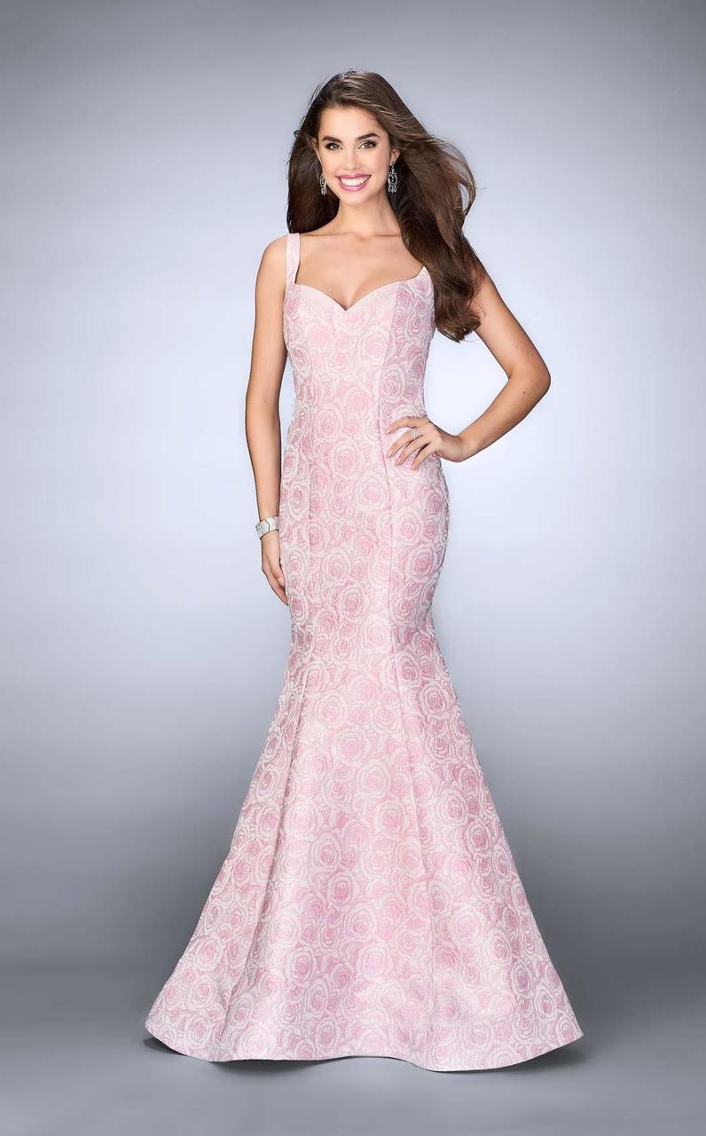 Image of La Femme - 24063 Dainty Sculpted Jacquard Mermaid Long Evening Gown