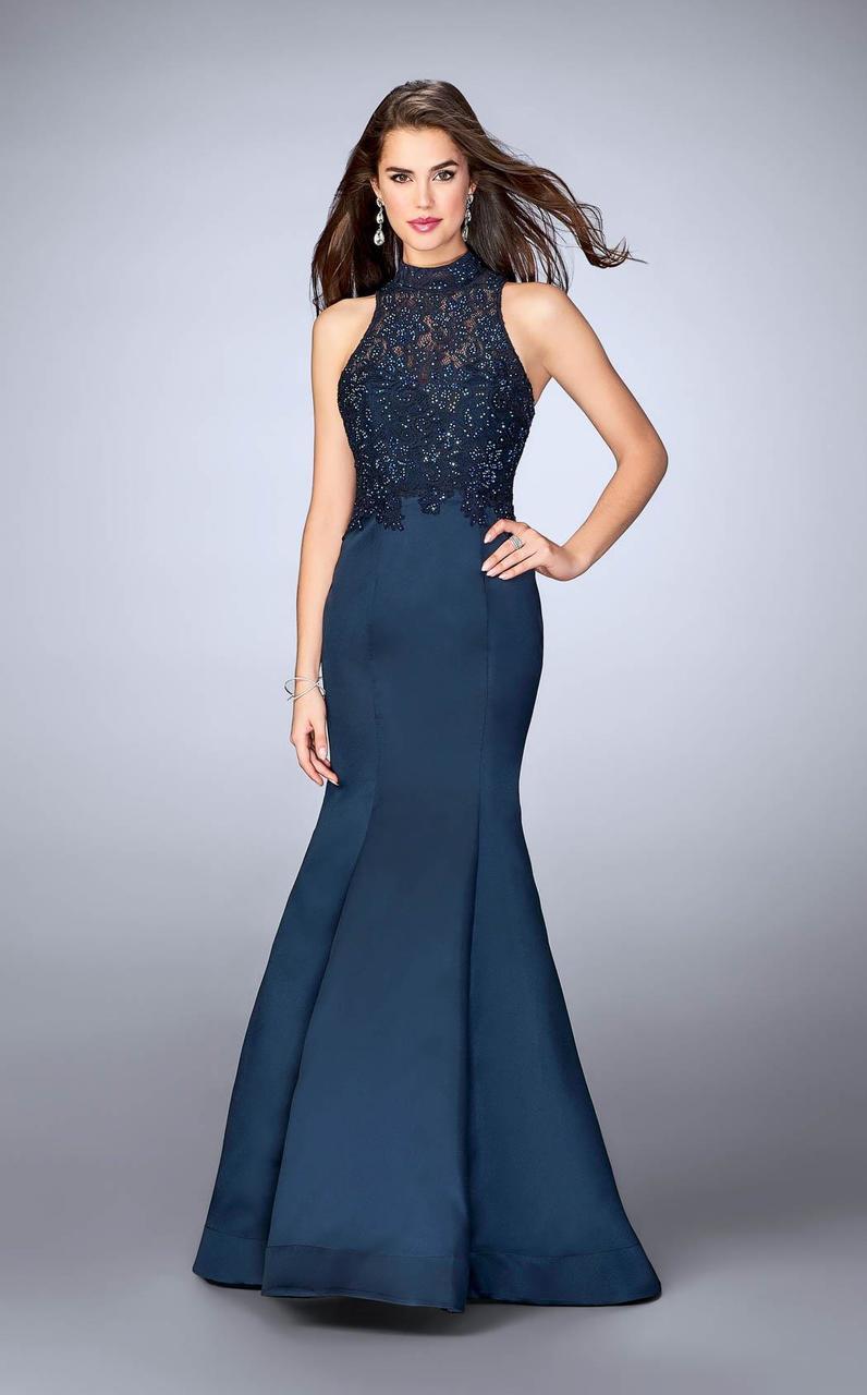 Image of La Femme - 24271 Exquisite High Lace Illusion Long Mermaid Evening Gown