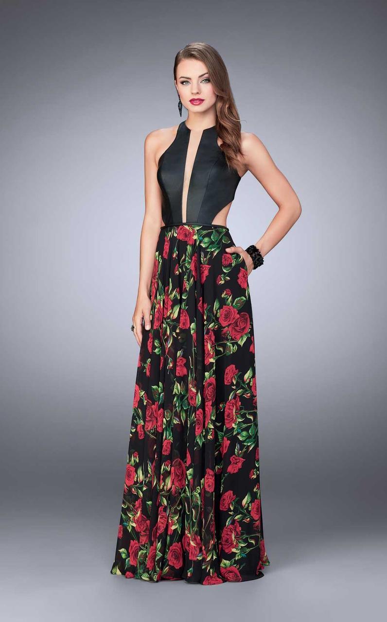 Image of La Femme - 24273 Enthralling Halter Floral Print A-Line Long Evening Gown