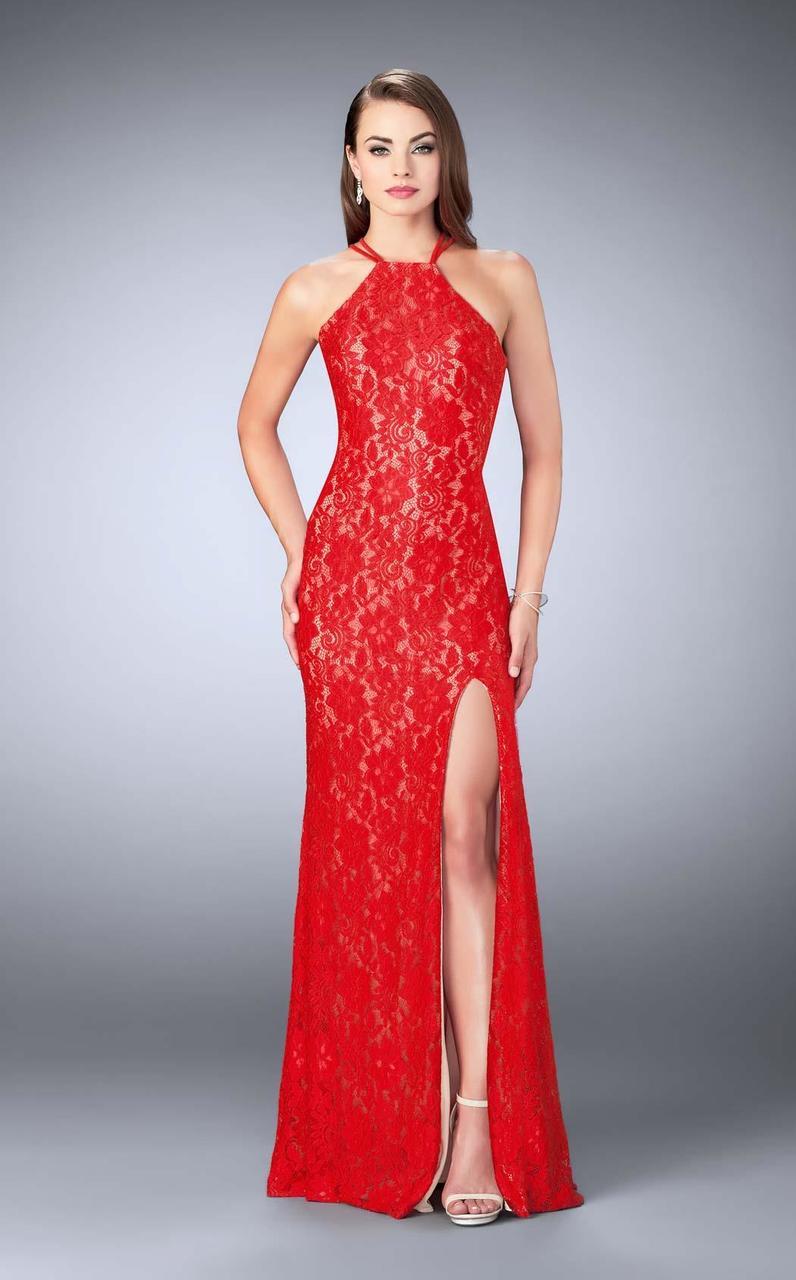 Image of La Femme - 24293 Classic High Halter Lace Long Sheath Evening Gown