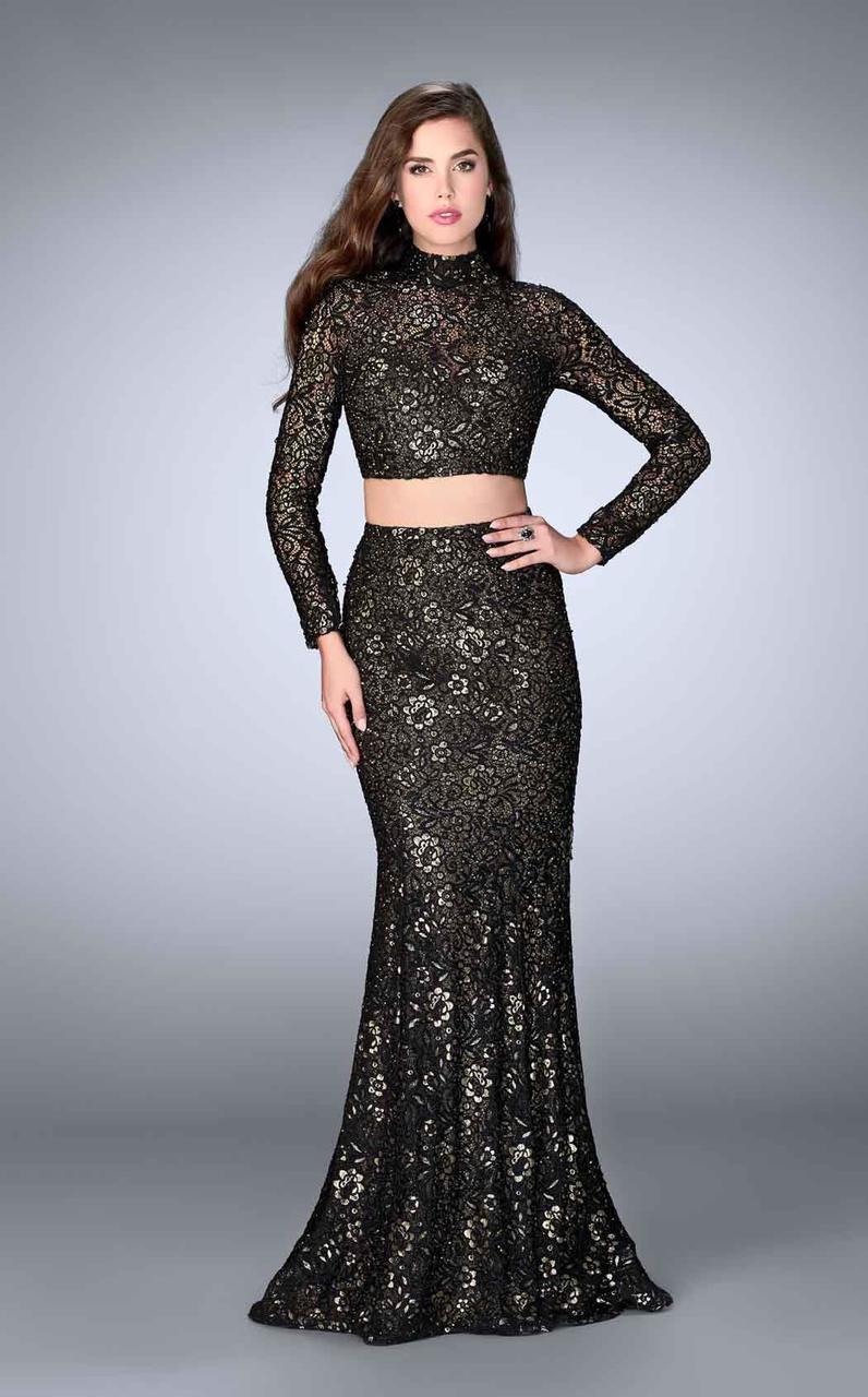 Image of La Femme - 24342 Sheer Lace Illusion Long Sleeves Mermaid Evening Gown