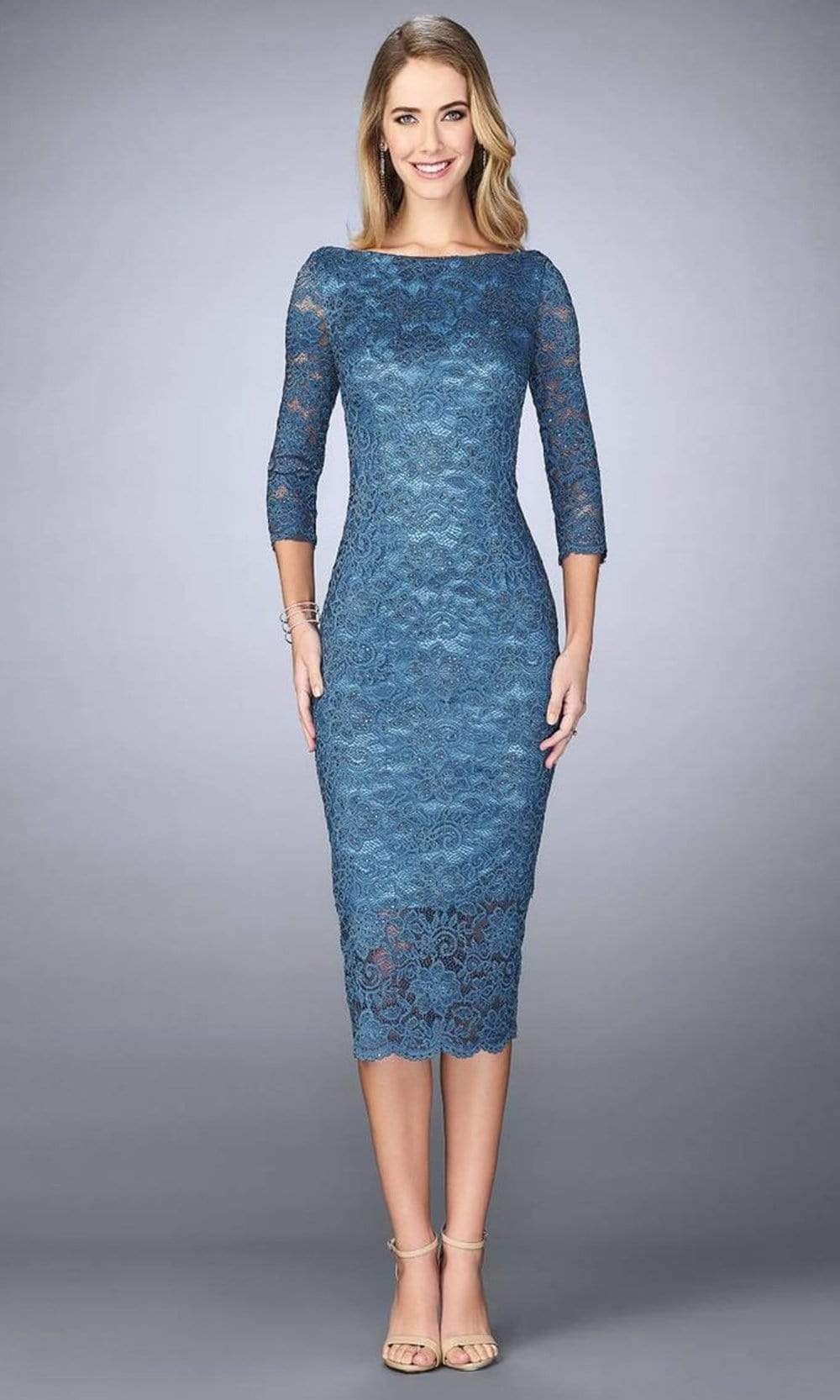 Image of La Femme - 24875 Lace Tea Length Dress