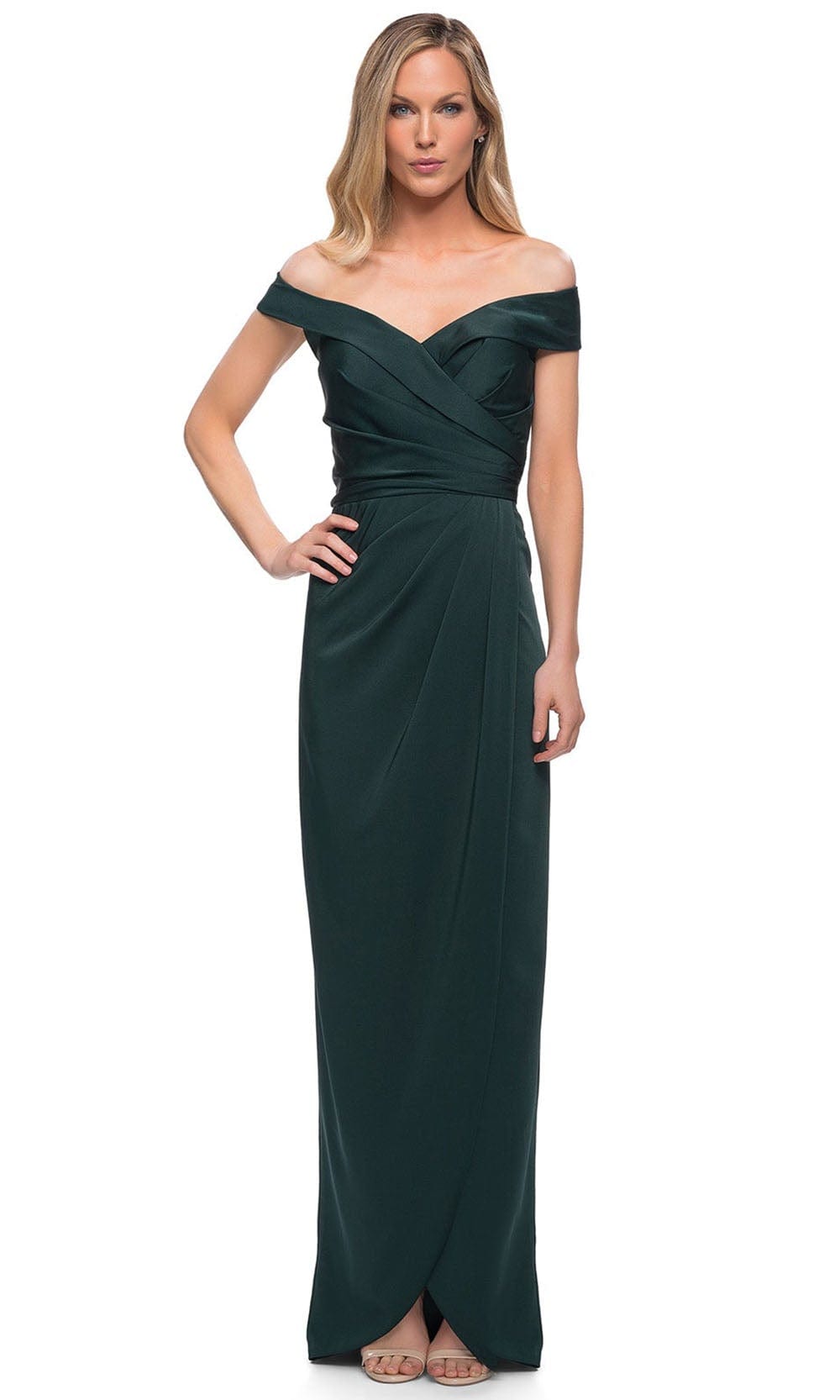 Image of La Femme 25206 - Ruched Cap Sleeved Long Jersey Dress