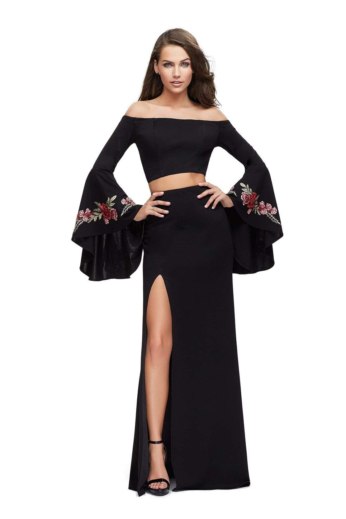 Image of La Femme - 25741 Two Piece Long Bell Sleeve Jersey Sheath Dress