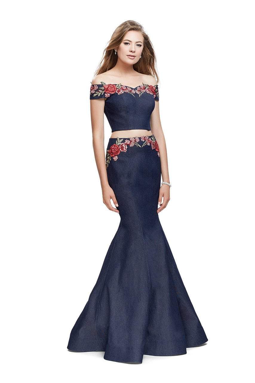 Image of La Femme - 25924 Off The Shoulder Floral Print Denim Gown
