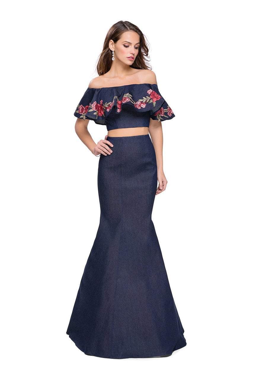 Image of La Femme - 26013 Off The Shoulder Ruffle Denim Two Piece Gown