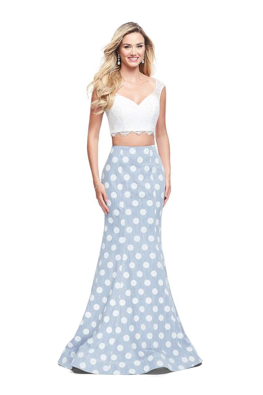Image of La Femme - 26206 Two Piece Lace and Denim Polka Dot Trumpet Gown
