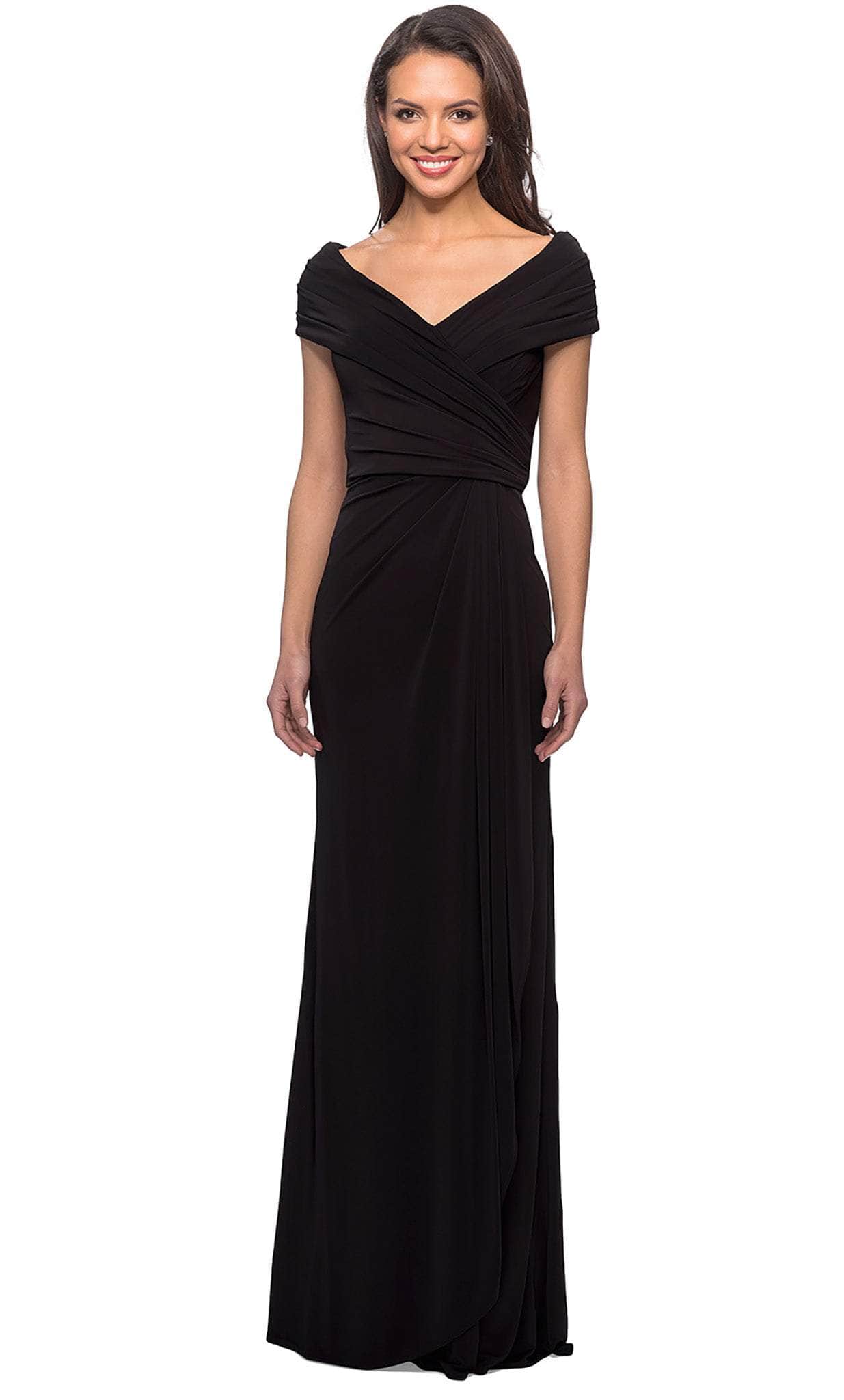 Image of La Femme - 26519 Off Shoulder V Neck Long Sheath Jersey Gown