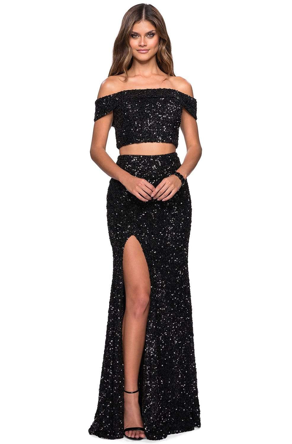 Image of La Femme - 27020 Two Piece Off-Shoulder Sequined Gown